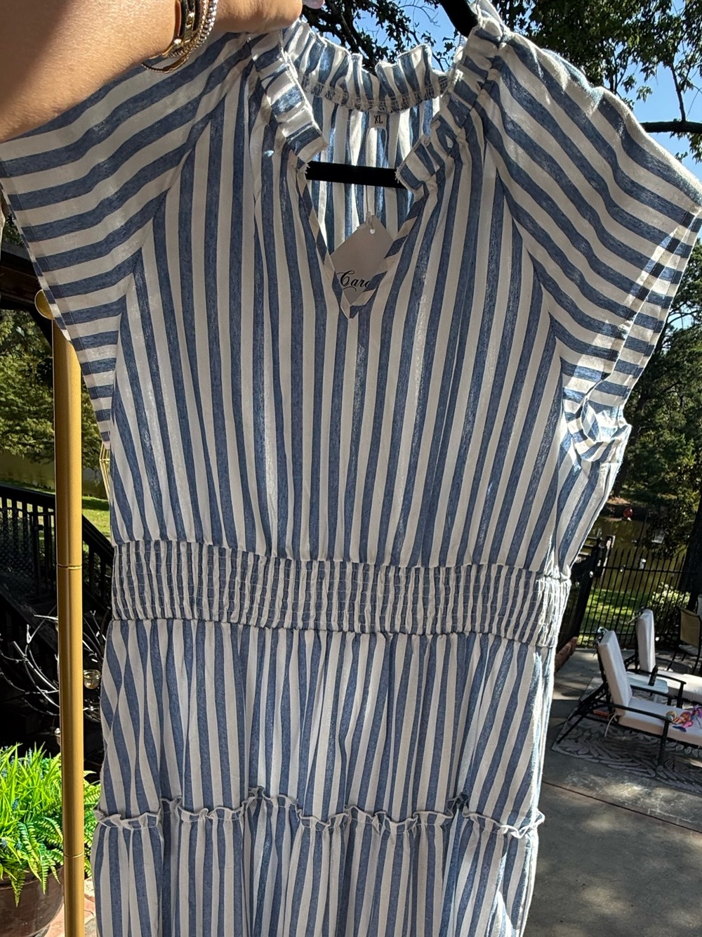 Blue White Striped Tiered Maxi Dress Smocked Waist XL NWT